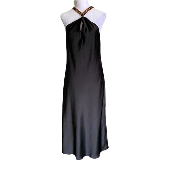 NWOT JASON WU Satin Halter Midi Dress With Tortoise Shell Necklace Black - Picture 2 of 9